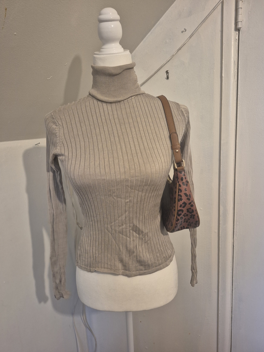 Slim Ribbed Turtleneck Sweater in Taupe